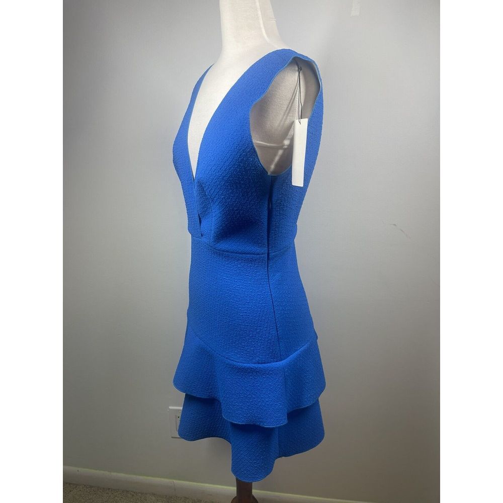 Sandro‎ Paris V Neck Fit To Flare Ruffle Dress Bright Blue Textured Size 1 NWT - Picture 3 of 16